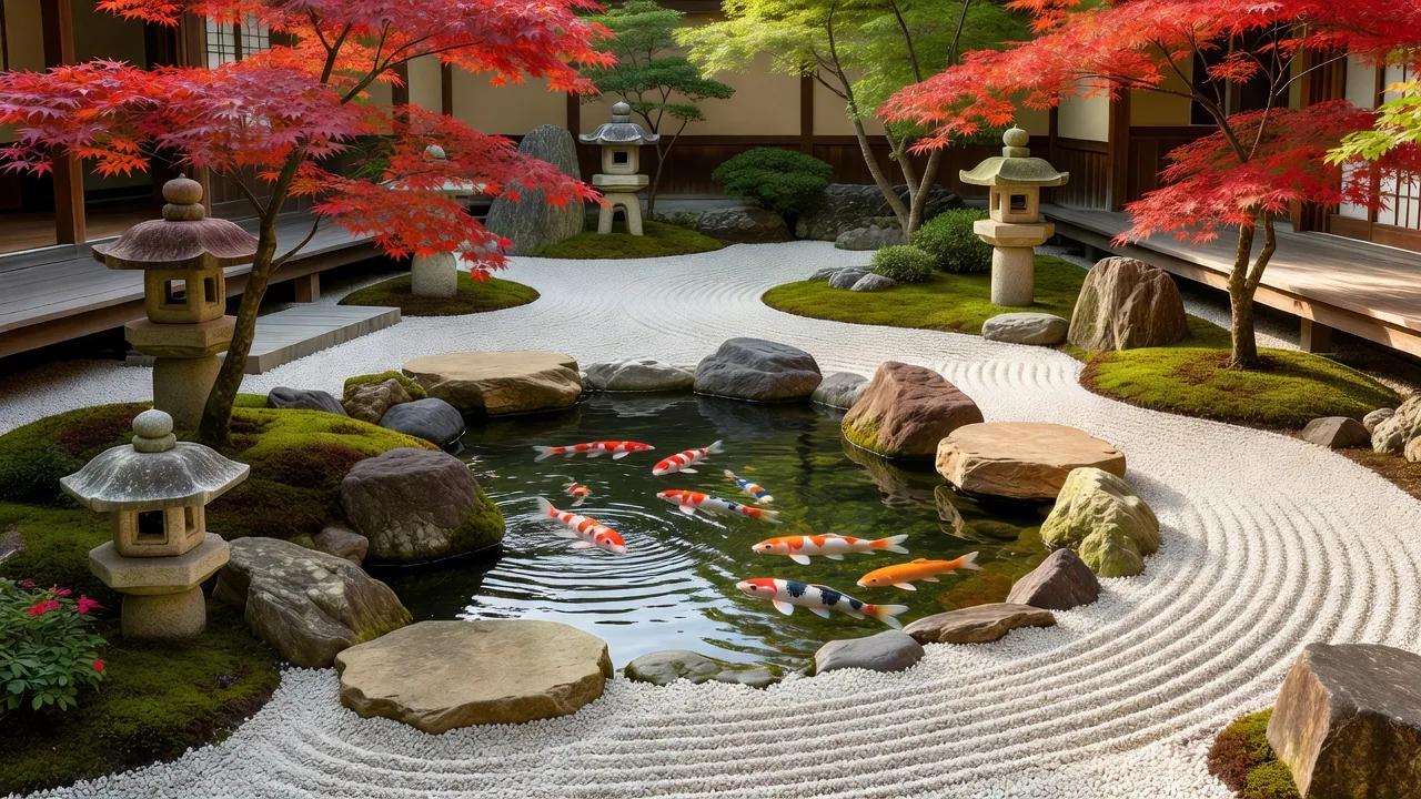 紅葉と池を配した静かな日本庭園デザインの事例