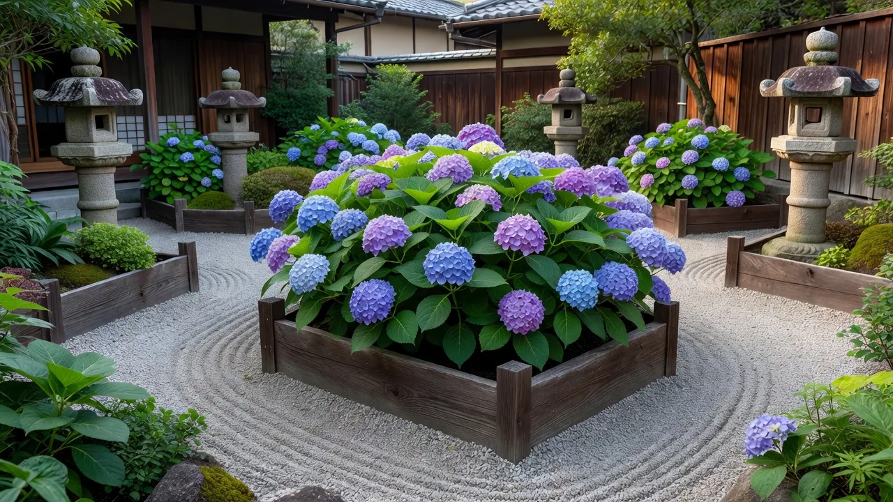 石灯籠と紫陽花の夏庭