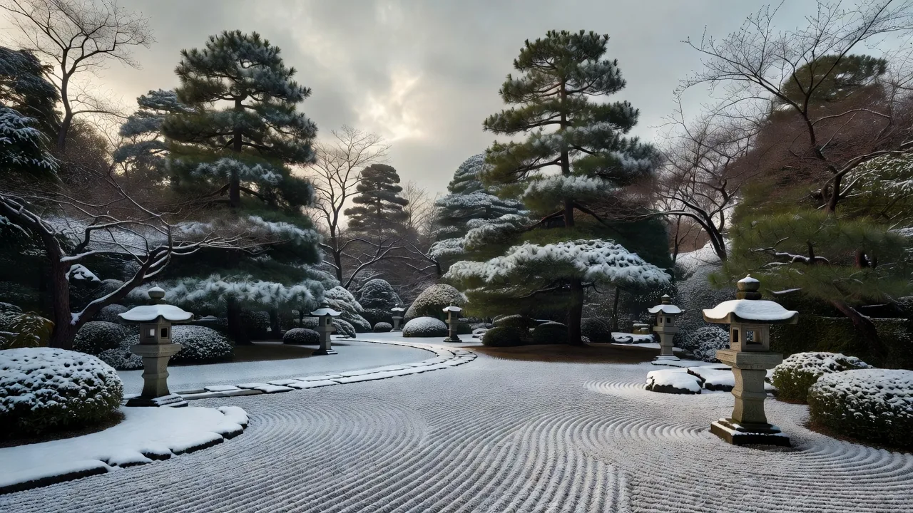 雪景色の中の日本庭園と植物の冬越し対策