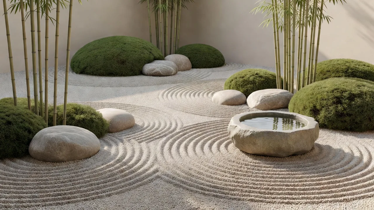 石と砂利を使った禅庭園のデザイン例